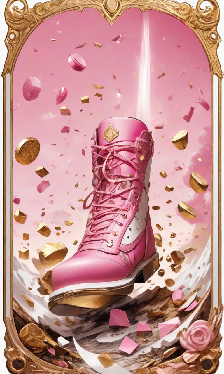  concept art tarot color pink, white, black, gold samsung phone s24 ultra is crushed by heel . digital artwork, illustrative, painterly, matte painting, highly detailed, perfect hands