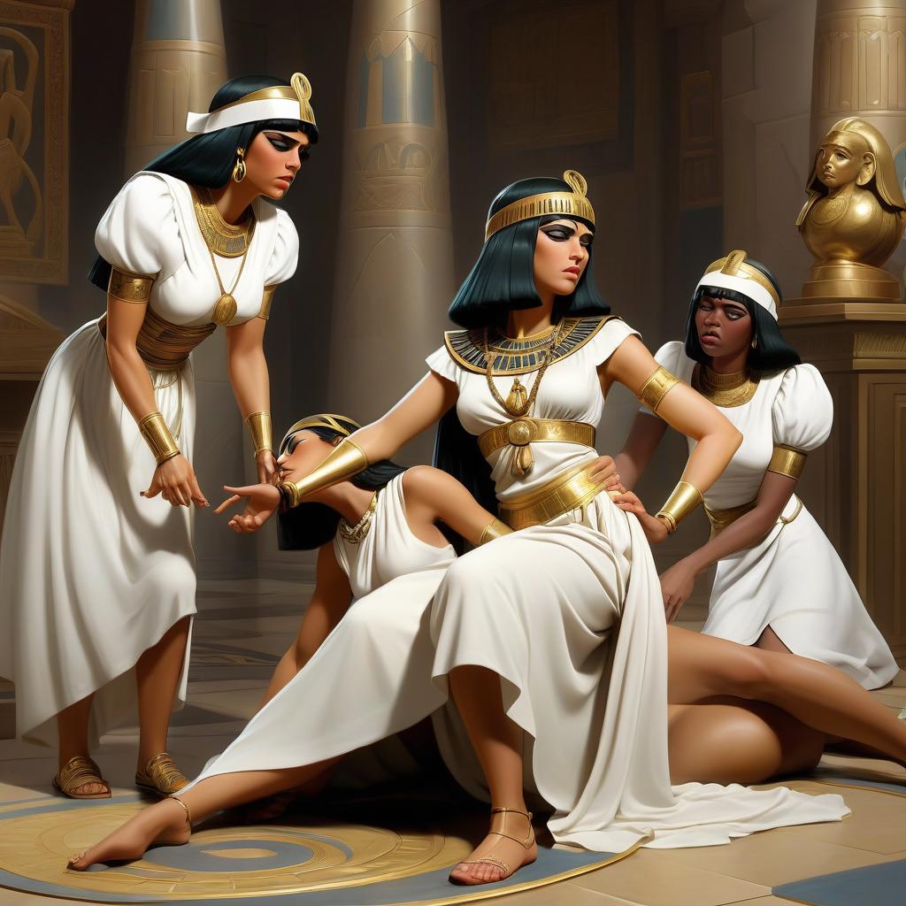  cleopatra fainted and lay unconscious on the floor, and two black maids bent over her and try to bring her to her senses.