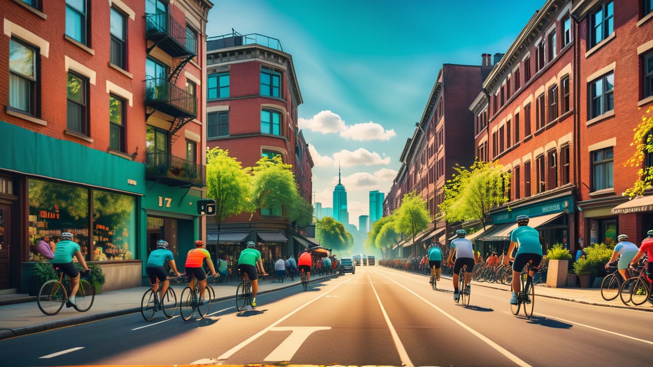  a bustling city street filled with cyclists of diverse backgrounds, vibrant murals on brick walls, lush green parks interspersed, traffic lights changing, and a skyline of modern buildings under a clear blue sky. hyperrealistic, full body, detailed clothing, highly detailed, cinematic lighting, stunningly beautiful, intricate, sharp focus, f/1. 8, 85mm, (centered image composition), (professionally color graded), ((bright soft diffused light)), volumetric fog, trending on instagram, trending on tumblr, HDR 4K, 8K