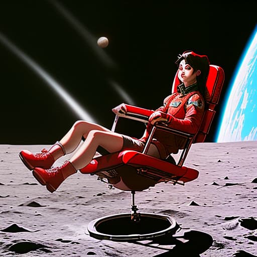  3 red chairs in zero gravity hover on the moon, behind you can see the planet earth