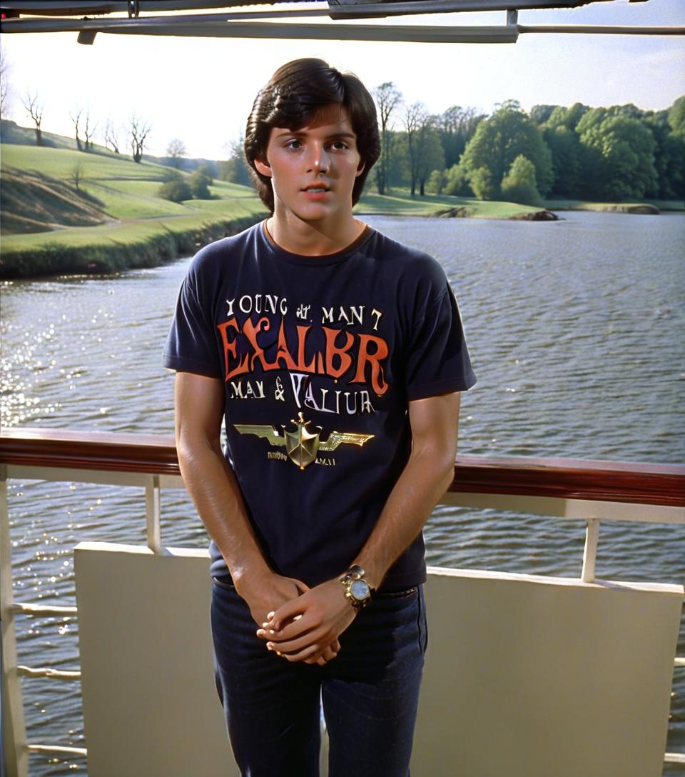  dvd screengrab, young man with dark hair and watches on hand from 1982 dark fantasy film, "excalibur"