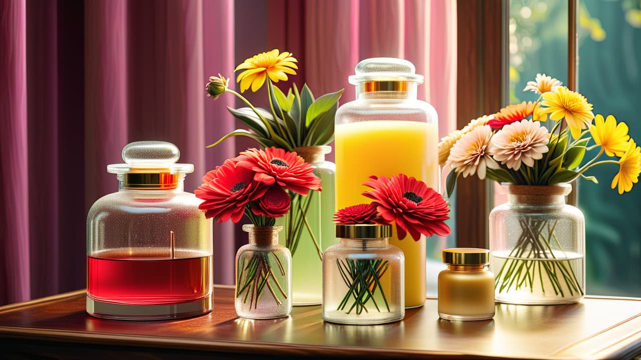  a lavish skincare display: shimmering glass jars and bottles with gold accents, surrounded by delicate flowers, soft silk fabric, and sparkling crystals under warm, ambient lighting, evoking opulence and indulgence. hyperrealistic, full body, detailed clothing, highly detailed, cinematic lighting, stunningly beautiful, intricate, sharp focus, f/1. 8, 85mm, (centered image composition), (professionally color graded), ((bright soft diffused light)), volumetric fog, trending on instagram, trending on tumblr, HDR 4K, 8K