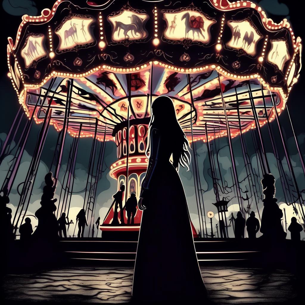  macabre style a full length girl stands with her back, does not look at the camera, and looks at a huge bright carousel at night . dark, gothic, grim, haunting, highly detailed