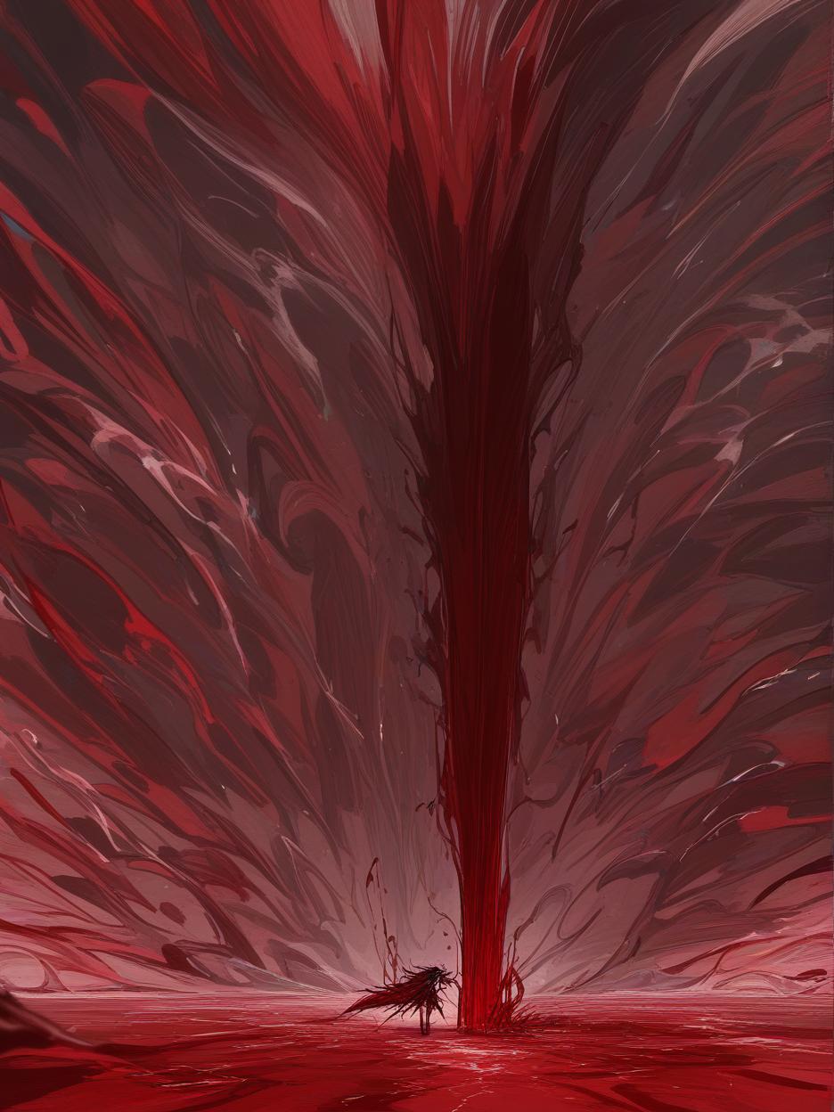  create for me an image of a giant blood sword, it is stuck in the ground with blood swirling around it. the red sand floor being pushed by the swirling force of blood and crystals in the background, with clear skies. . best quality, high resolution