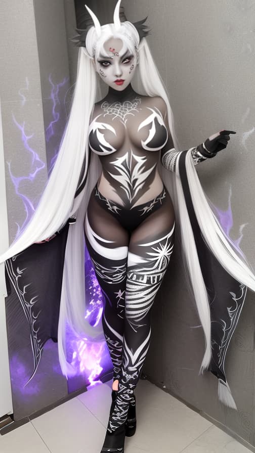  Black and Grey flame pattern body paint in every corner of the whole body,Grey body paint full body, White flame pattern face paint on the face, two dark elf, full body image 女性