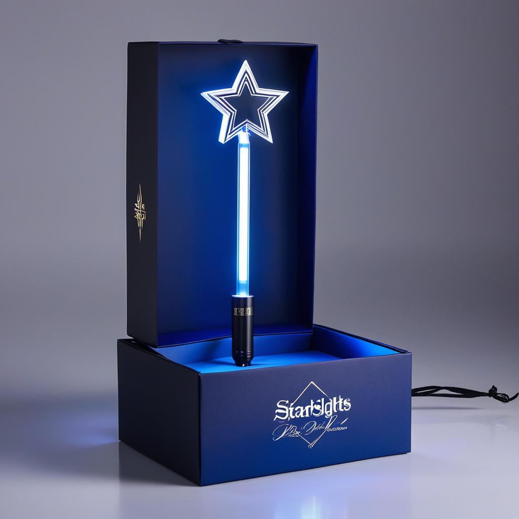  k pop long lightstick darkish blue with box included with logo starlights, award winning, professional, highly detailed, masterpiece