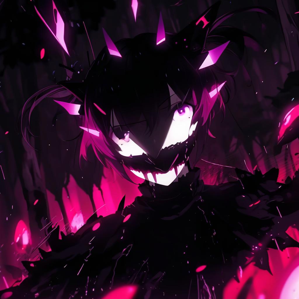  a woman standing in the middle of a forest, dark purple hair and cybernetics, nightcore, pink shadows, black goo, by maki haku, torrential rain of blood, sona, (art station), destruction around her, removed watermarks, halation, deep lighting