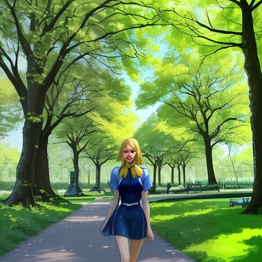  appearance: girl with blue eyes, blonde hair long. walking through the park, where there are many green trees and eating ice cream, it is summer outside.