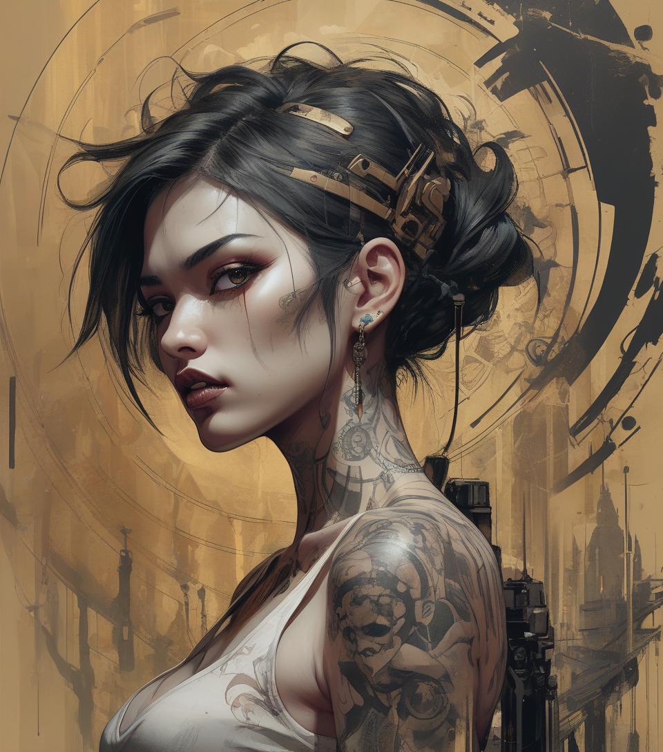  concept art aesthetic, painterly style, modern ink, asian , sensual, dark , yakuza tattoo, expressive pose, urbanpunk, multi layered abstract texture background, neo expressionist, russ mills, ian miller, harrison fisher, brian froud, jeremy mann, steadman, hanuka, klimt, bell, hobbie, newton, greg rutkowski, atmospheric, hyperdetail, artstation trend, artgerm, deviant art, octane, masterpiece, complex art, intricate details, matte film poster painting, golden ratio, trending on cgsociety, incredibly detailed and stunningly beautiful . digital artwork, ilrative, painterly, matte painting, highly detailed