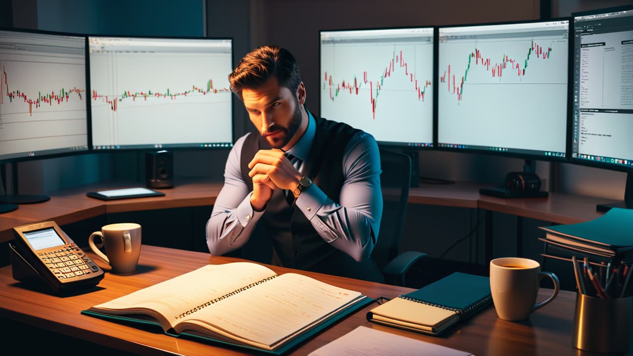  a serene trading desk with dual monitors displaying a simple candlestick chart, highlighting an ascending triangle pattern. soft lighting, a notepad with handwritten notes, and a steaming coffee cup create a focused atmosphere. hyperrealistic, full body, detailed clothing, highly detailed, cinematic lighting, stunningly beautiful, intricate, sharp focus, f/1. 8, 85mm, (centered image composition), (professionally color graded), ((bright soft diffused light)), volumetric fog, trending on instagram, trending on tumblr, HDR 4K, 8K