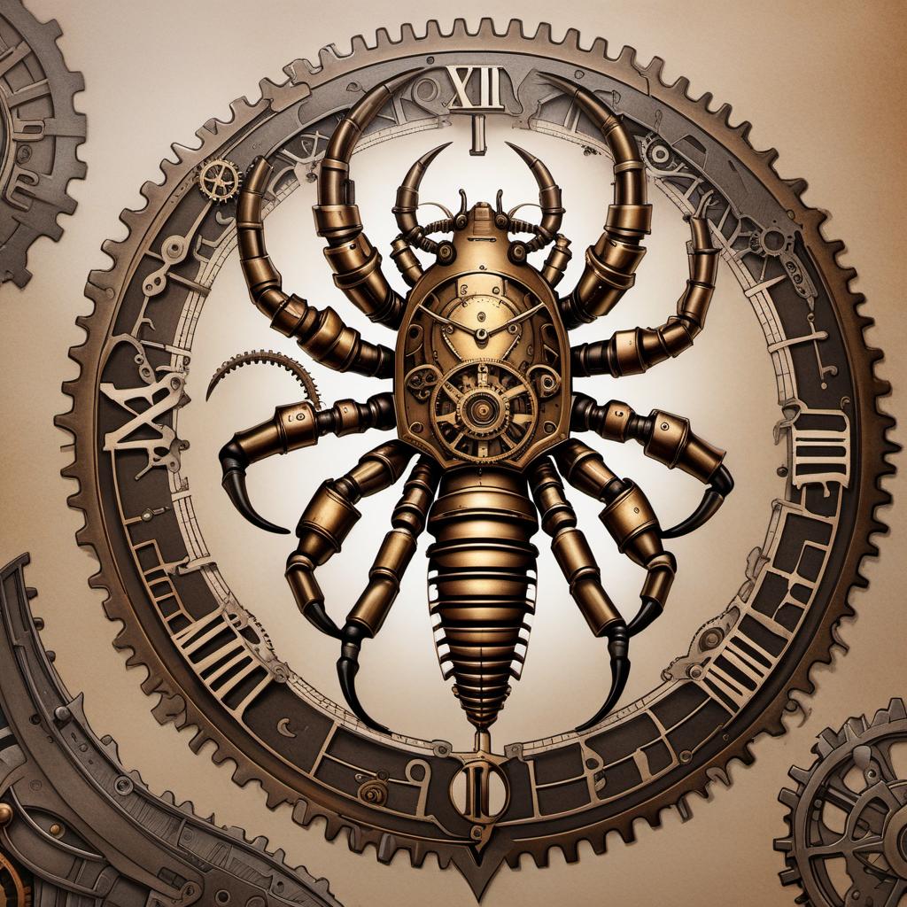  Steampunk inspired tattoo of the zodiac sign Scorpio. The design should include elements such as gears, cogs, steam pipes, and metallic textures, creating a mechanical look. The Scorpio symbol or a scorpion can be integrated into the design, with the steampunk elements enhancing its features. hyperrealistic, full body, detailed clothing, highly detailed, cinematic lighting, stunningly beautiful, intricate, sharp focus, f/1. 8, 85mm, (centered image composition), (professionally color graded), ((bright soft diffused light)), volumetric fog, trending on instagram, trending on tumblr, HDR 4K, 8K