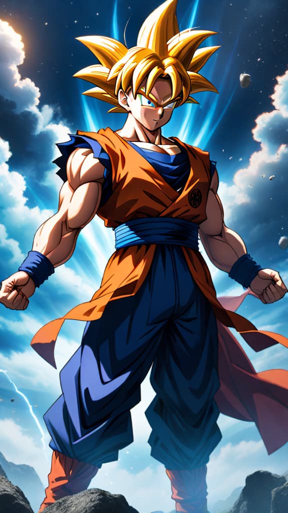  anime art of goku from dragon ball super achieving super saiyan god and blue forms. hyperrealistic, full body, detailed clothing, highly detailed, cinematic lighting, stunningly beautiful, intricate, sharp focus, f/1. 8, 85mm, (centered image composition), (professionally color graded), ((bright soft diffused light)), volumetric fog, trending on instagram, trending on tumblr, HDR 4K, 8K