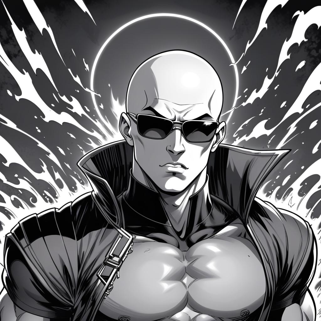  manga artwork a male young bald monk,he has johnny cage appearance,make him serious with some menacing aura around him,draw him manga style black and white during a impact frame,he wears sun glasses impact frames. manga artist. manga, highly emotional. best quality, high resolution