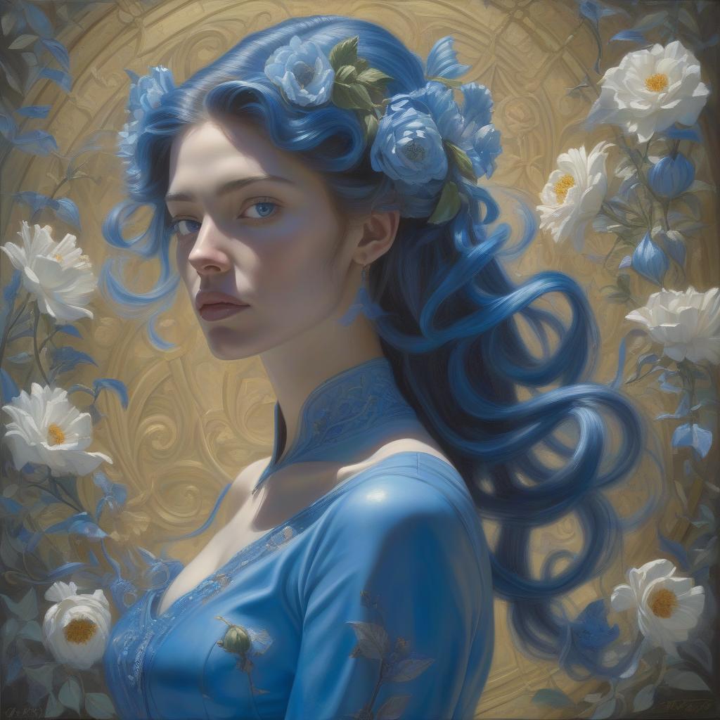  surrealist art <mymodel> a painting of a woman with flowers in her hair and a blue dress donato giancola, figurative art, extremely detailed oil painting, a hyperrealistic painting . dreamlike, mysterious, provocative, symbolic, intricate, detailed