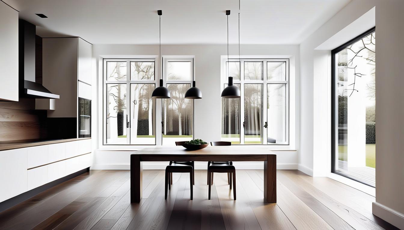  architectural style interior. kitchen. classic style. white walls, table, wide window, floor oak, dark oak, house. photo. . clean lines, geometric shapes, minimalist, modern, architectural drawing, highly detailed