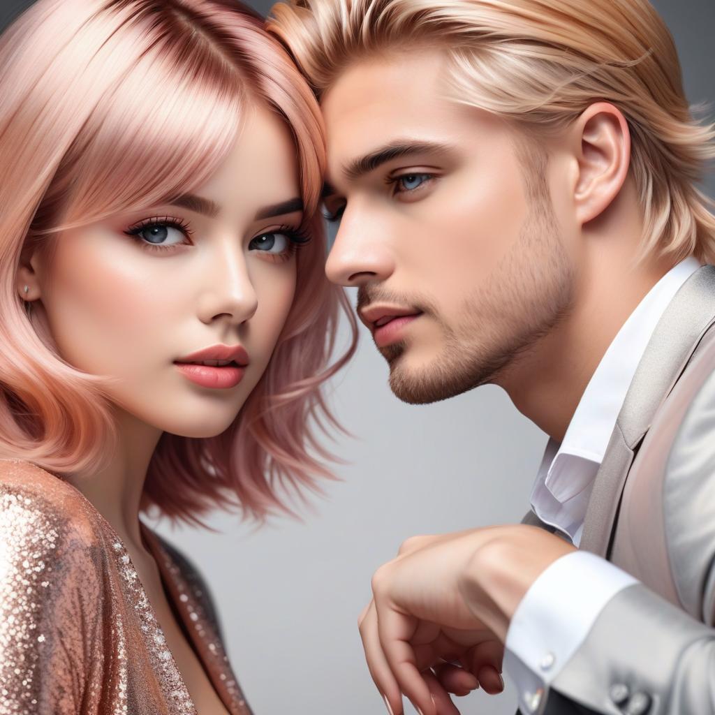  girl with rose gold hair and a guy with blond hair falling in love photo realistic, highly intricate and detailed, masterpiece, ultra high res,photography,8k resolution