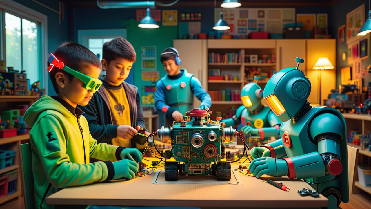  a colorful workshop scene with children building robots, surrounded by tools, circuit boards, and books. brightly lit, showcasing diverse kids engaged in teamwork, laughter, and creativity, with various robot designs in progress. hyperrealistic, full body, detailed clothing, highly detailed, cinematic lighting, stunningly beautiful, intricate, sharp focus, f/1. 8, 85mm, (centered image composition), (professionally color graded), ((bright soft diffused light)), volumetric fog, trending on instagram, trending on tumblr, HDR 4K, 8K