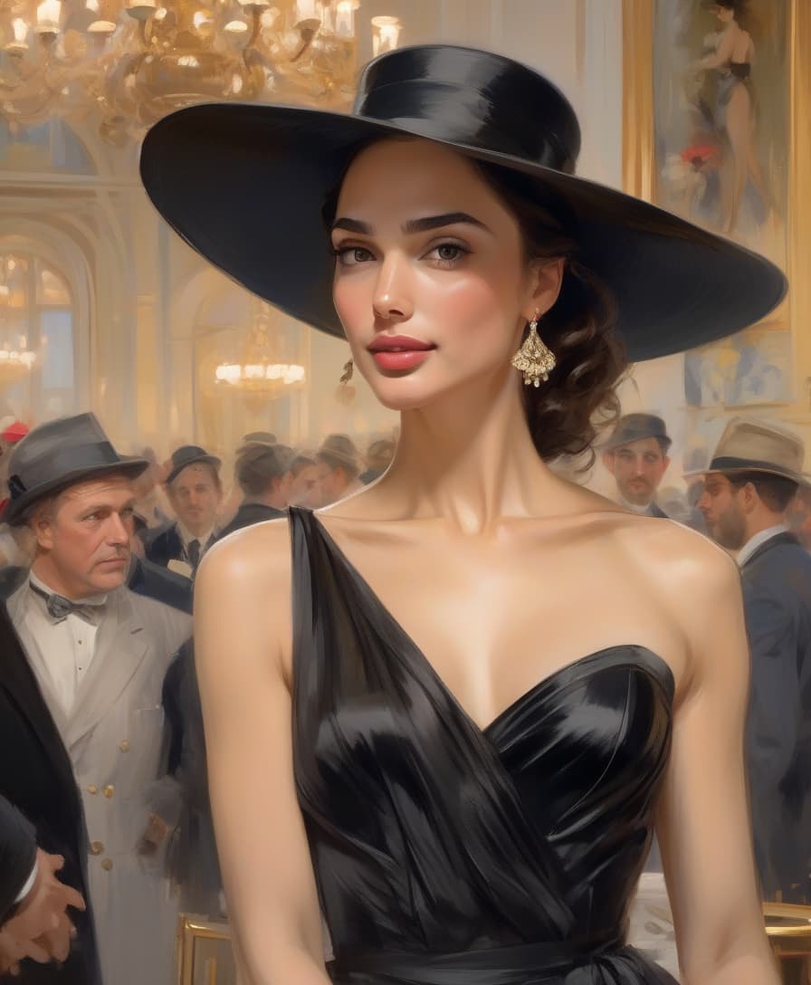  an elegant woman ((gal gadot)) in a black dress and hat at a fancy reception. charming, the works of konstantin razumov, "black outfit", "shabby chic", "fine art", klimt and mucha, the works of serge marshennikov keep the face the same, just increase the size of the image.