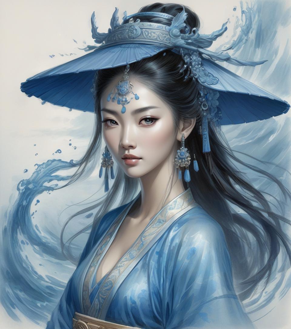  a painting of a woman with a blue hat and a blue dress, ancient asian dynasty princess, ancient chinese goddess, beautiful render of tang dynasty, beautiful oriental woman, chinese art, oriental fantasy, ancient chinese beauties, ancient chinese princess, queen of the sea mu yanling, asian female water elemental, ancient china art style, by luis royo, chinese style painting, watercolor, trending on artstation, sharp focus, studio photo, intricate details, highly detailed, by greg rutkowski