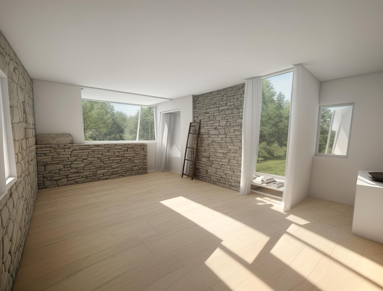  create a photorealistic image of a minimalist room with a stone wall and a large window. the stone wall should add texture and depth to the clean, modern design, while the window brings in natural light, enhancing the room's airy feel.