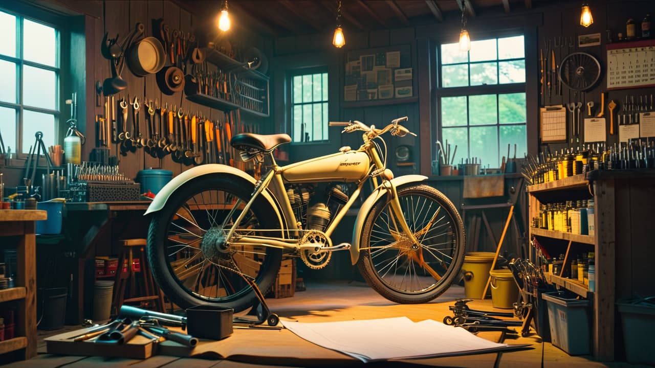  a close up of a bicycle in a well lit workshop, surrounded by tools like wrenches and oil cans, with a calendar open to specific dates marked for maintenance, and a mechanic inspecting the bike. hyperrealistic, full body, detailed clothing, highly detailed, cinematic lighting, stunningly beautiful, intricate, sharp focus, f/1. 8, 85mm, (centered image composition), (professionally color graded), ((bright soft diffused light)), volumetric fog, trending on instagram, trending on tumblr, HDR 4K, 8K