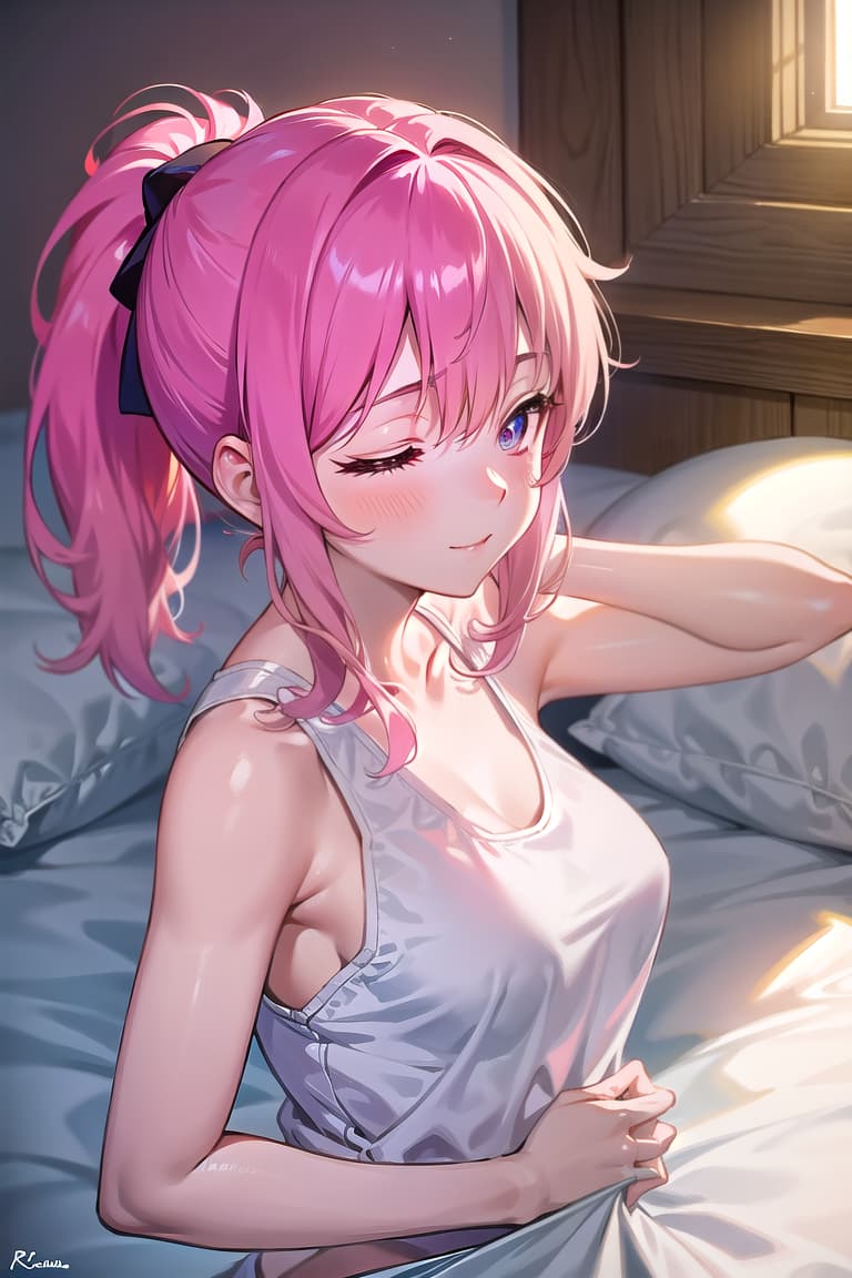  r 18, , middle , pink haired ,ponytail,large eyes,A woman, alone in her bedroom, lies on her bed, eyes closed, a soft smile on her flushed face. She wears a loose white tank top, baring her shoulders, and her hands gently explore her body, one on her , the other hidden beneath the sheets, tracing her waist. The camera captures her relaxed expression from a low angle, with soft lighting and tangled sheets adding to the atmosphere..