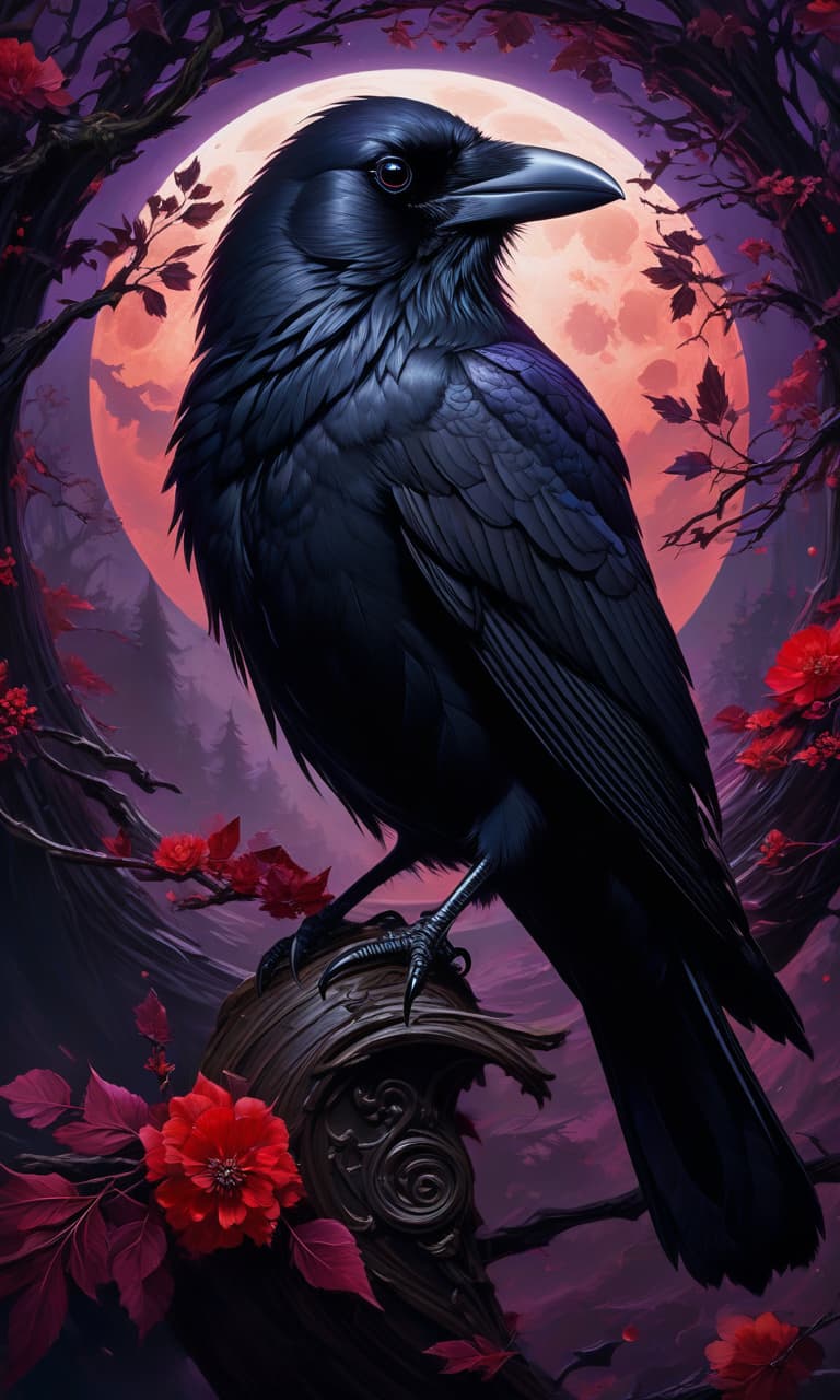  (oil painting, masterpiece, high detailed:1.3), black bird (raven:1.2) perched on a twisted branch, full moon in the background, (red and purple accents:1.2), inspired by ryan yee's style in duelyst, gothic art vibes, tarot card theme, very beautiful furry art, detailed feathers, hauntingly beautiful eyes, profile picture worthy, reminiscent of martin ansin's work, intricate moon details, textured feathers, captivating gaze, ethereal glow, mysterious and enchanting atmosphere, dark and moody color palette.