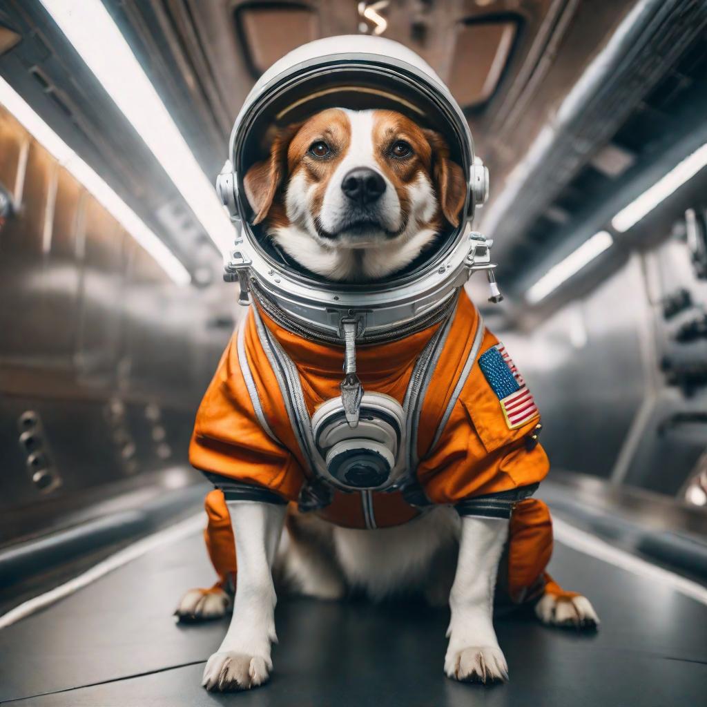  a joyful dog wearing a tiny space suit boarding a shiny rocket hyperrealistic, full body, detailed clothing, highly detailed, cinematic lighting, stunningly beautiful, intricate, sharp focus, f/1. 8, 85mm, (centered image composition), (professionally color graded), ((bright soft diffused light)), volumetric fog, trending on instagram, trending on tumblr, HDR 4K, 8K