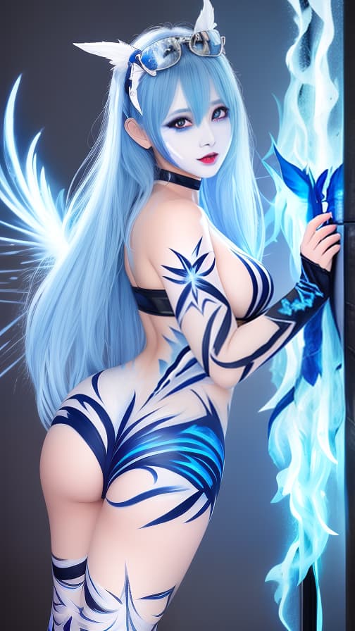  Blue and silver flame pattern body paint in every corner of the whole body, blue body paint full body,White face paint on the face, two succubuses, full body image 女性