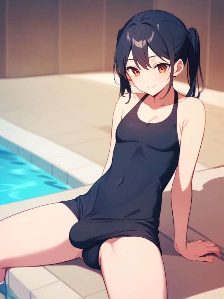  s, twin tails, cute smiles, swimwear, male (bulge), poolside, whole body,