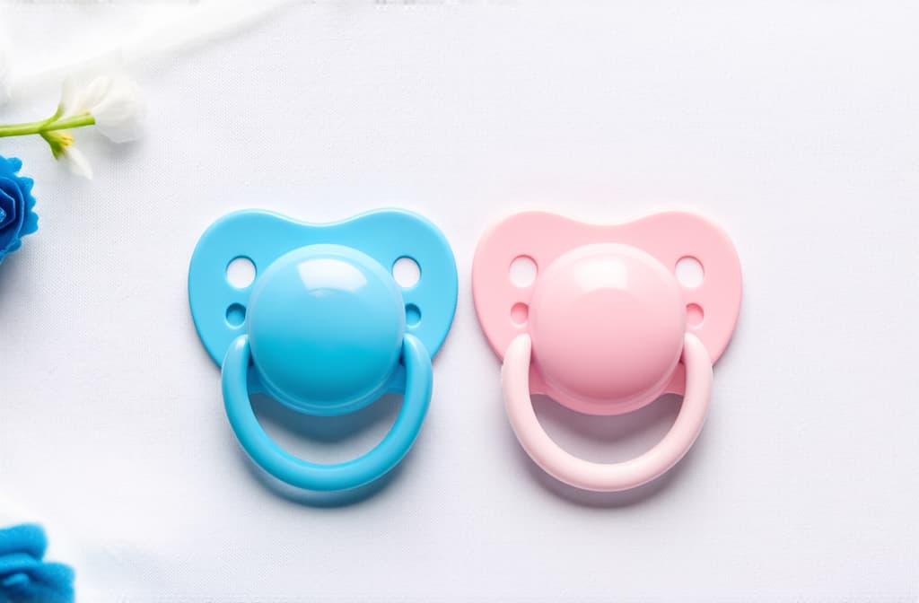  conceptual background of at birth or pair of twins with two blue and pink pacifiers on a white background with decoration. top view. ar 3:2 {prompt}, maximum details