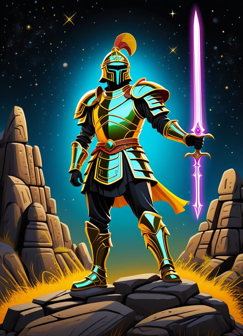  a humorous illustration. bright colors, cartoon style. on the black background, shiny contours outlines of silhouette of a scythian man in armor, in full length, against the backdrop of an earthen and stone fortress, frame with intricate thin ornamentation from comet, stars and cosmic dust: (thin: 1,4) lines ,