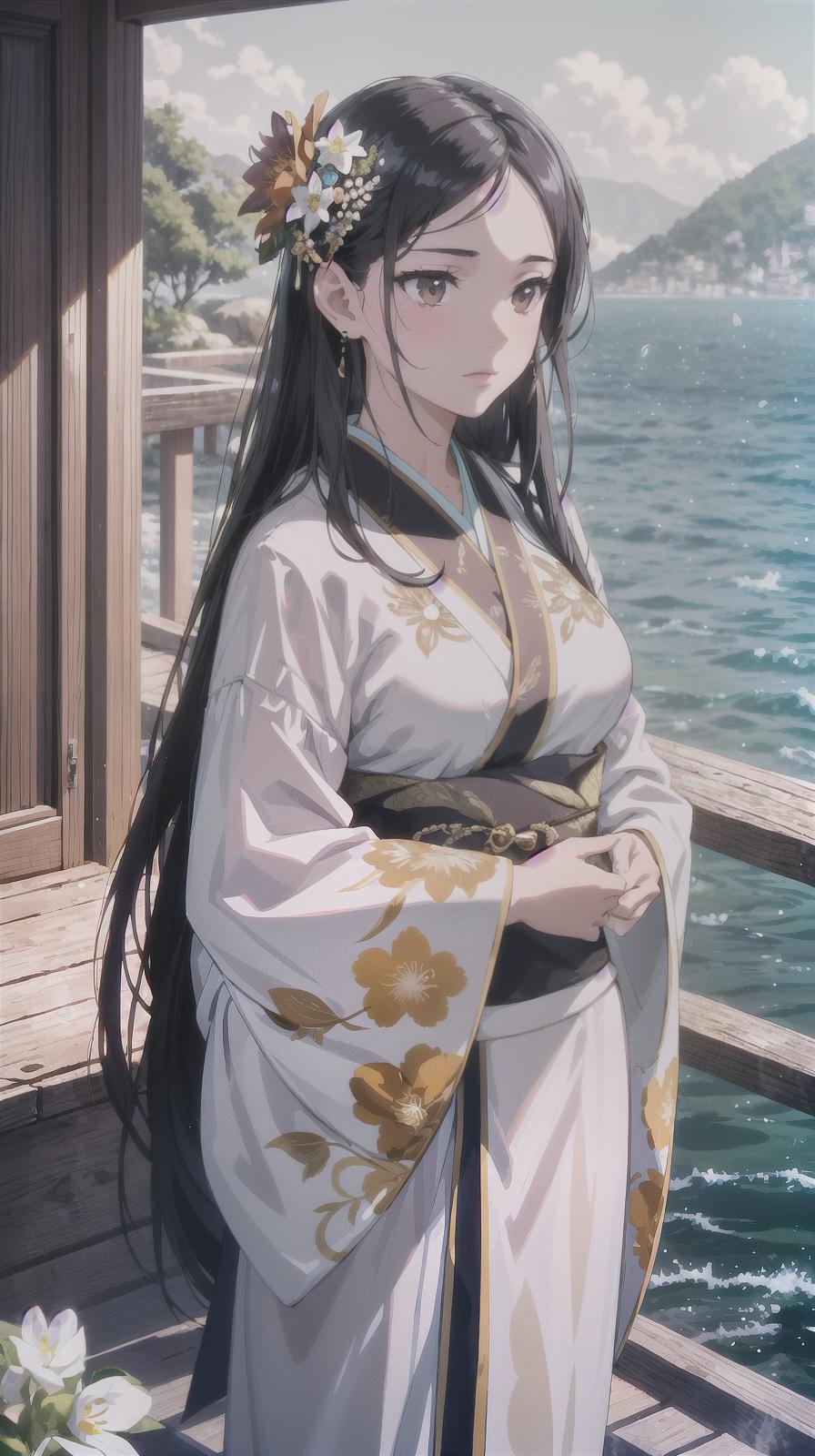  master piece , best quality,a beautiful young woman with long black hair, wearing a floral kimono, stands on a wooden deck overlooking the ocean. she has a wistful expression on her face as she gazes out at the water. the sunlight is warm and golden, casting a soft glow on her skin. the flowers in her hair and the floral pattern on her kimono add a touch of elegance and femininity to the scene. [photorealistic digital painting], [inspired by the work of greg rutkowski], [soft, warm lighting, focus on the woman's face and hair, shallow depth of field, realistic textures, vibrant colors, subtle bokeh effect]