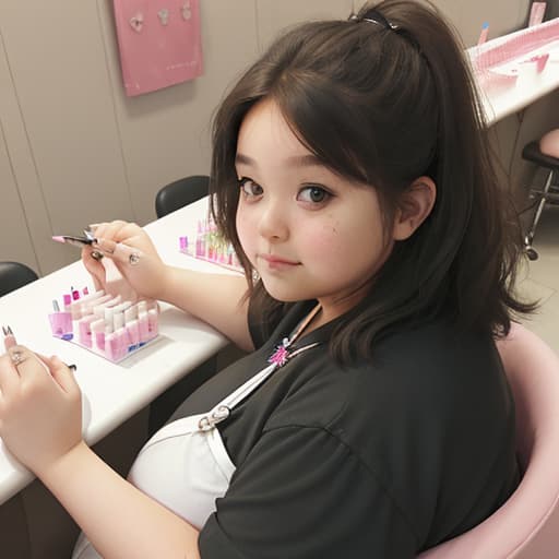  a slightly chubby girl sits in front of a nail table, doing someone else's nails.