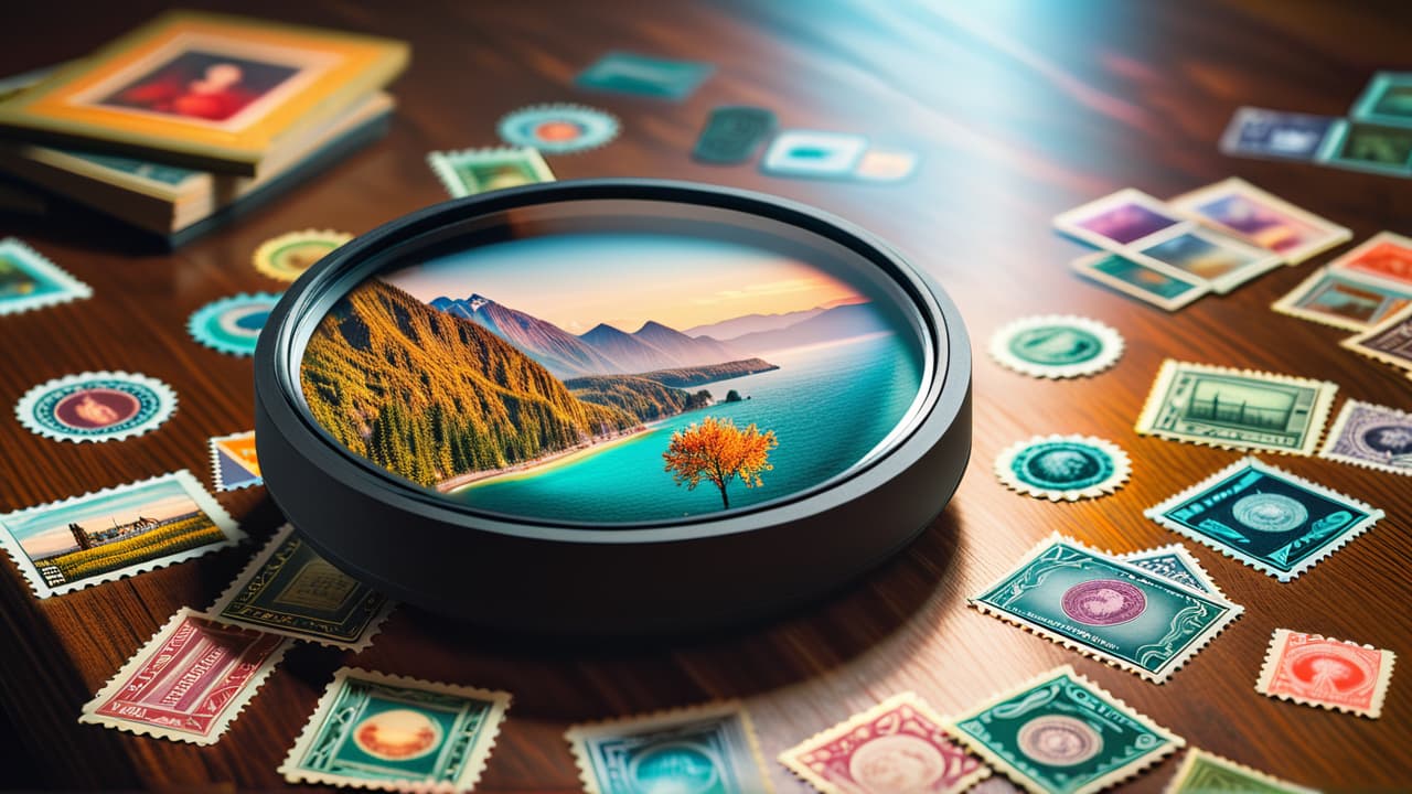  a close up of various vintage stamps from the 1970s, with colorful designs and intricate details, displayed on a wooden table surrounded by a magnifying glass, tweezers, and a stamp album. hyperrealistic, full body, detailed clothing, highly detailed, cinematic lighting, stunningly beautiful, intricate, sharp focus, f/1. 8, 85mm, (centered image composition), (professionally color graded), ((bright soft diffused light)), volumetric fog, trending on instagram, trending on tumblr, HDR 4K, 8K