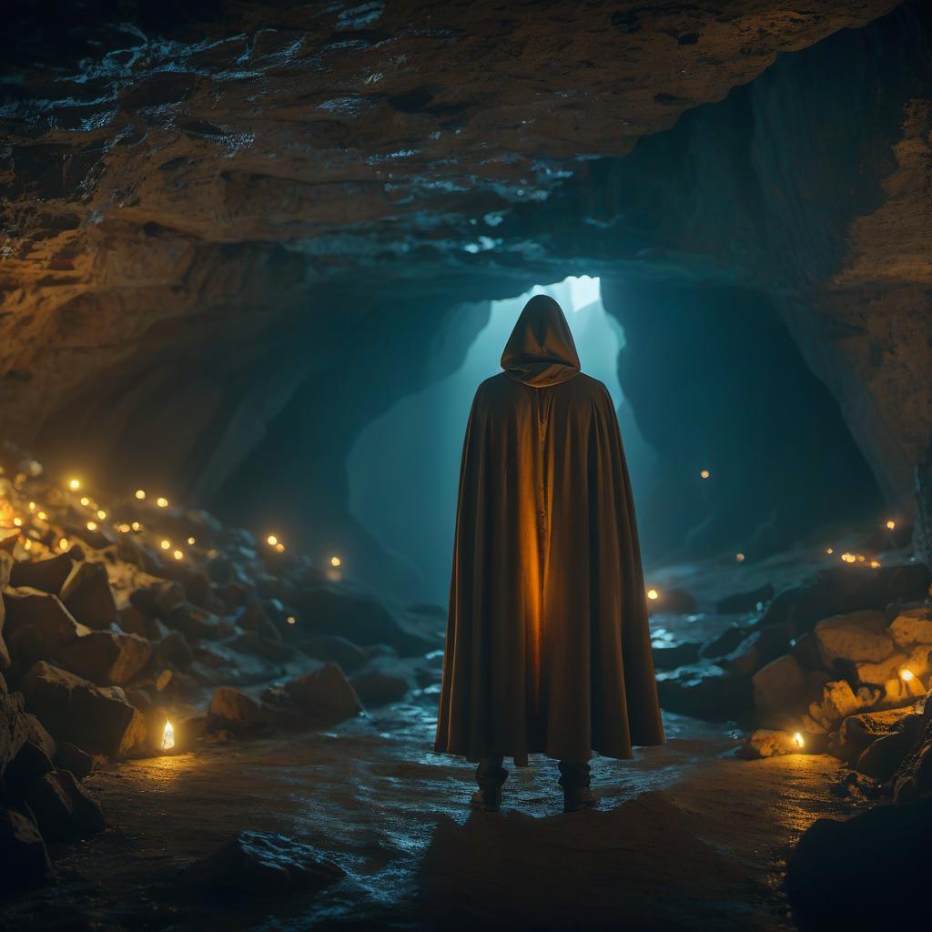  cinematic photo man in a cloak in an underground stone cave . 35mm photograph, film, bokeh, professional, 4k, highly detailed, glowneon, hkmagic