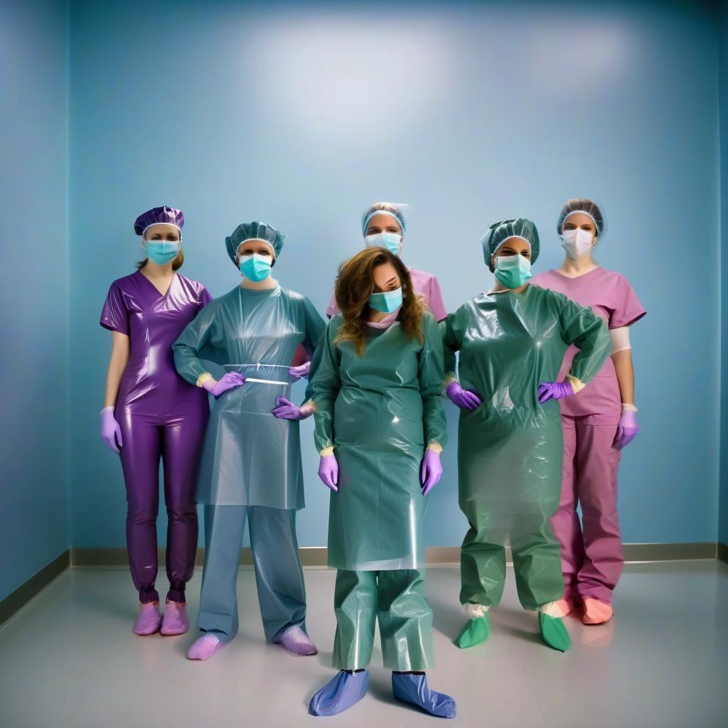  women surgeons, standing, full length, front view, full face, the whole outfit is made of glossy latex, vera, an anesthesiologist, wears a short sleeved coverall made of purple glossy latex, on her head is a surgeon's cap in the color of the coverall, on her face is a surgical mask in the color of the cap, on her feet are sandals in the color of the surgical mask, on her neck is a stethoscope, on her hand is a watch with a second hand, nadezhda, an operating nurse, wears a knee length surgical gown with long sleeves with cuffs and a belt at the waist, on her head is a surgeon's beret, on her face is a surgical mask, on her legs are trousers tucked into high surgical shoe covers, surgical gloves, everything is made of dark green glossy latex