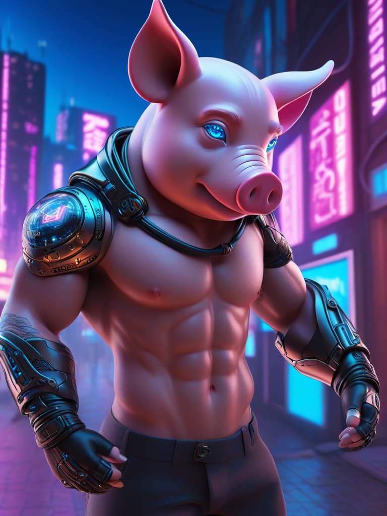  pig, 1 male, cybernetic enhancements, glowing blue eyes, sleek metal plating, neon lights reflecting off skin, futuristic cityscape background, neon colors, high tech implants, digital tattoos, sleek and modern aesthetic, dark alley setting, dynamic pose, realistic, close up, vibrant lighting.