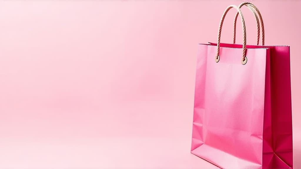  pink smooth paper shopping bag with two paper handles. lots of free space at the top and bottom. the bag is on the right in 1/3 of the picture. pink pastel background. pastel colors. 2/3 of free space on the left. 9mm lens ar 16:9 {prompt}, maximum details