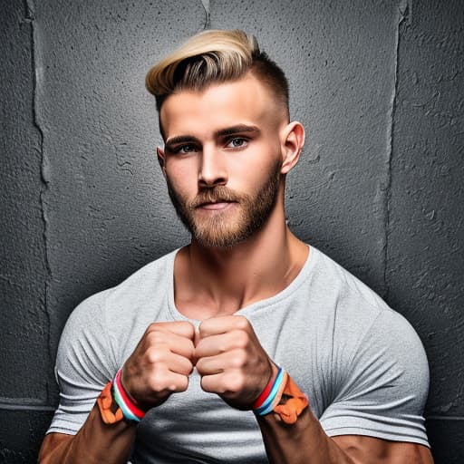 portrait+ style Russian LGBT queer fitness trainer blonde hunk dude face