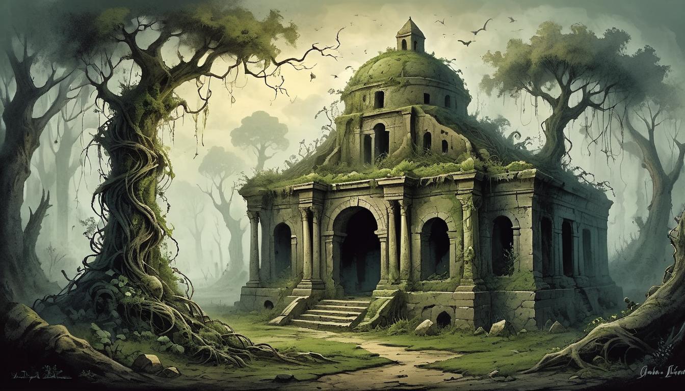  on parchment, surrealism+++, a crumbling ancient tomb, overgrown with vines, gloomy atmosphere, scattered bones and relics, neglected, decayed, retribution, desolation(mysterious, provocative, symbolic,muted color)+++