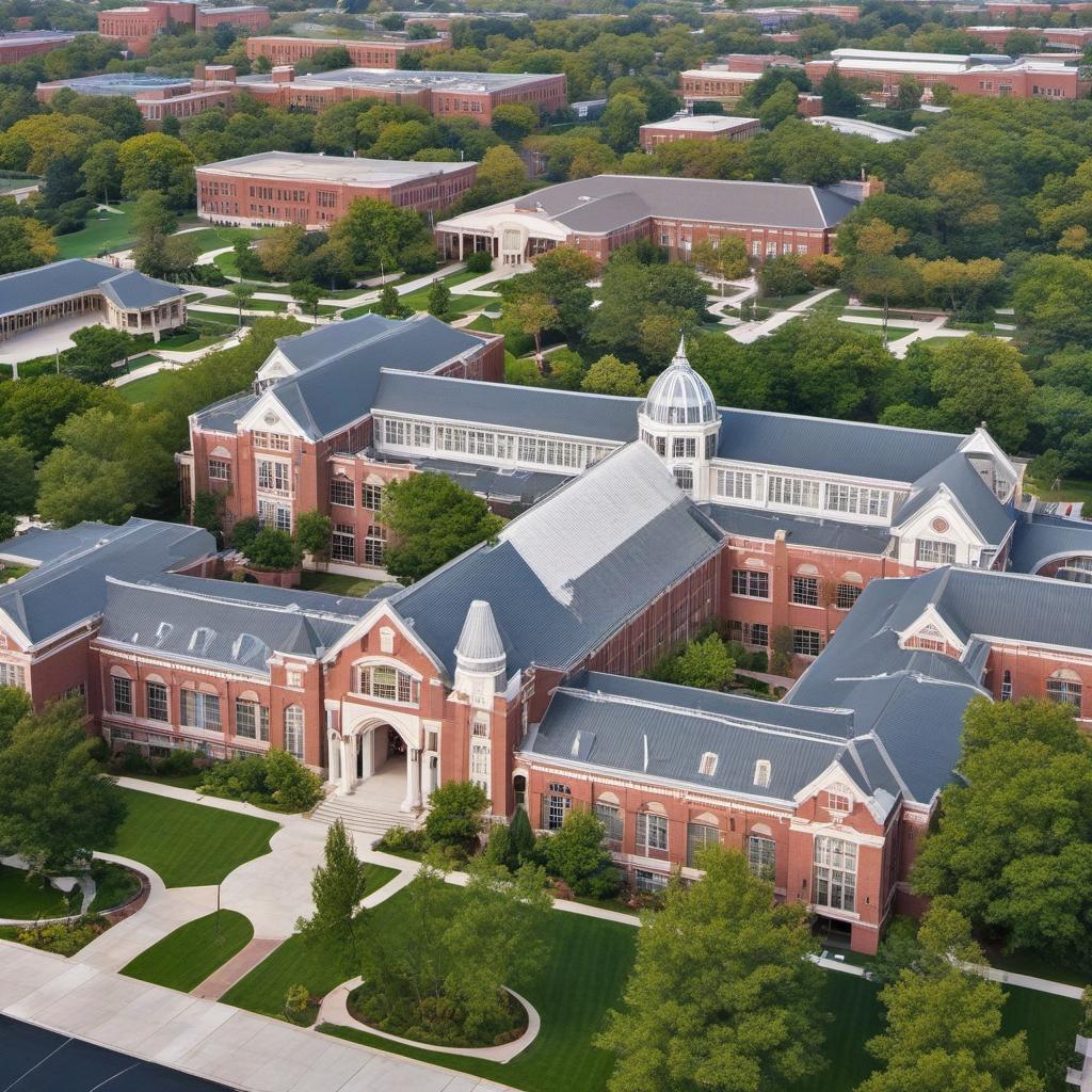  aerial view of a wealthy high school with outdoor courtyard and multi level arches with a grand entrance curb appeal , mystical style