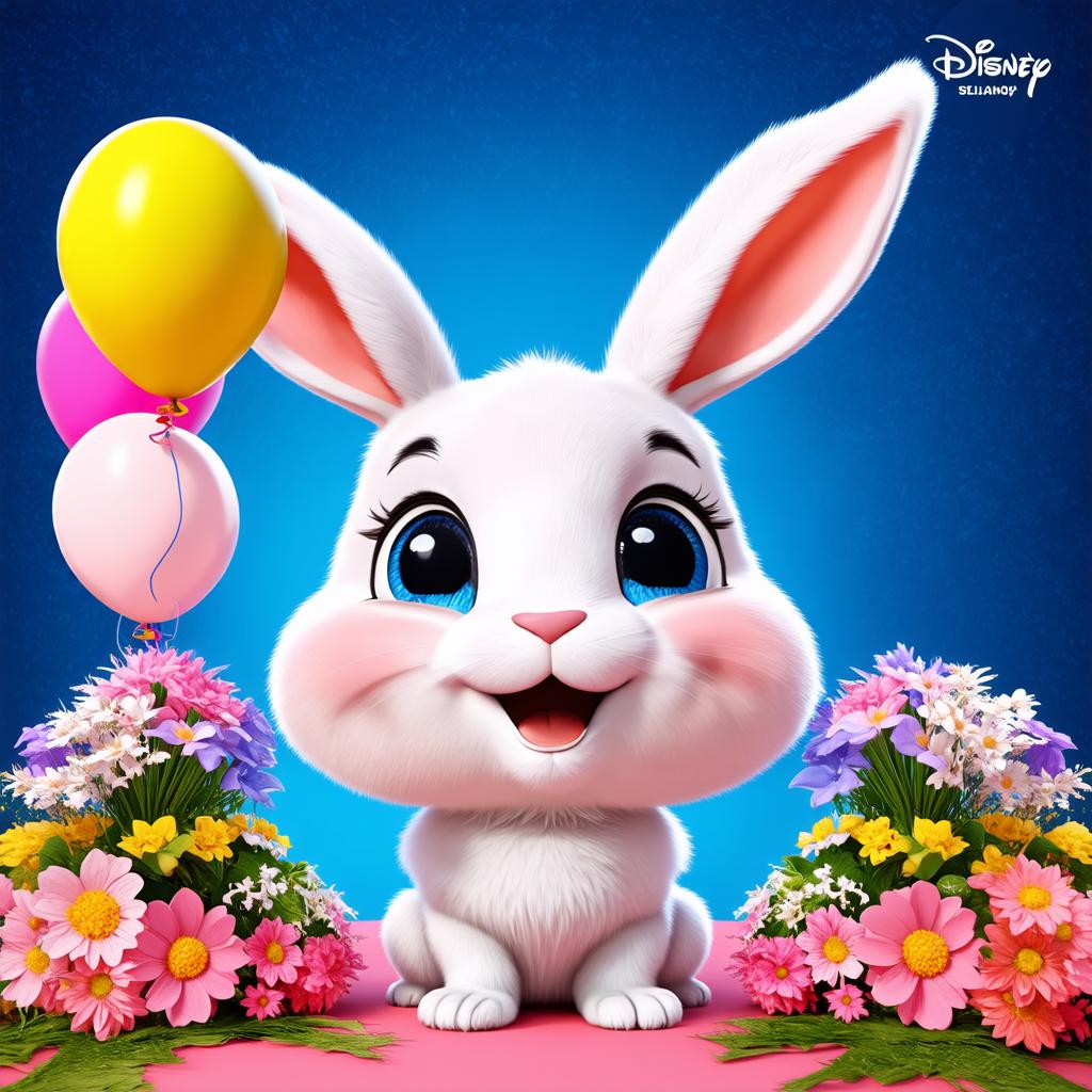  big head, big eyes, caricature, a caricature, rendering, (figurativism:0.8), draw a bunny with flowers and balloons, epic realistic, pixar style, disney, (cycles render:1.3), caustics, (glossy:0.58), (artstation:0.2), cute