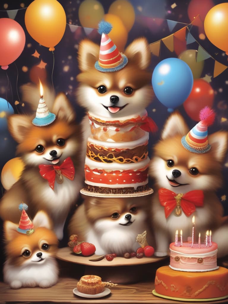  masterpiece,animal pictures,one very cute dog: breed pomeranian,birthday cake cake,🍎🍏,🍇,🍁,high quality,16k