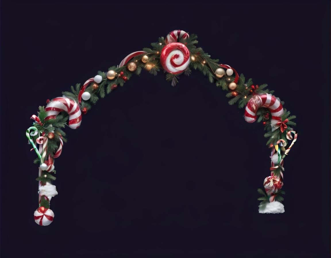  breathtaking an arch made up of candy canes and ornaments, christmas garland with decoration, pine needle and snow on it . award winning, professional, highly detailed, civitai