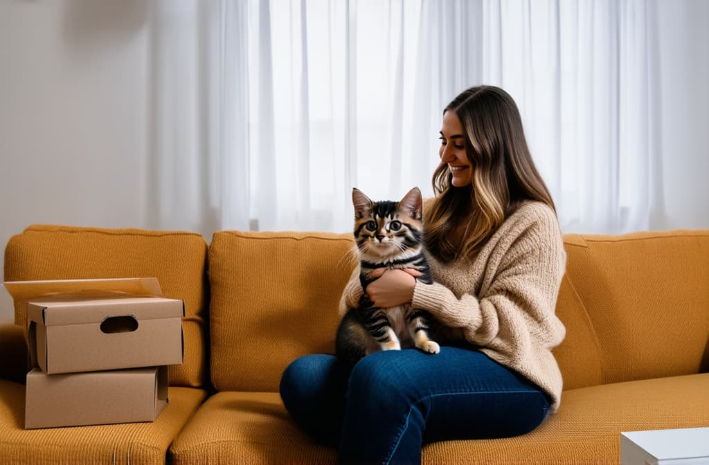  professional detailed photography, girl sitting on sofa holding small kitten in modern bright apartment, paper boxes nearby ar 3:2, (muted colors, dim colors, soothing tones), (vsco:0.3)