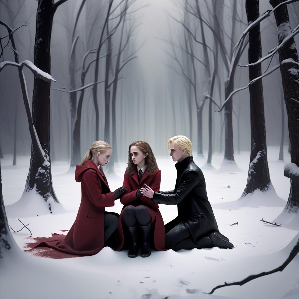  macabre style hermione granger and draco malfoy from the harry potter movie universe against the backdrop of a snowy forest. the picture should feel tension, fear. they sit on their knees and look at each other. the girl holds his hands and cries. their hands are stained in red . dark, gothic, grim, haunting, highly detailed