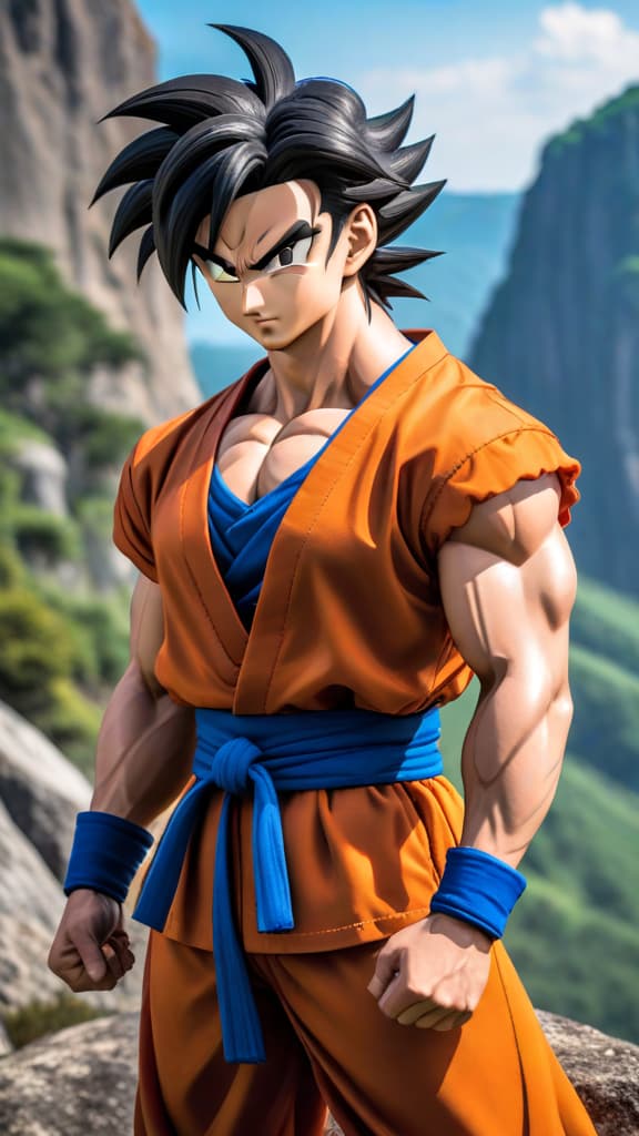  yamcha from dragon ball clenching fists on a cliff, wind rustling hair, contemplating a different path, anime art hyperrealistic, full body, detailed clothing, highly detailed, cinematic lighting, stunningly beautiful, intricate, sharp focus, f/1. 8, 85mm, (centered image composition), (professionally color graded), ((bright soft diffused light)), volumetric fog, trending on instagram, trending on tumblr, HDR 4K, 8K