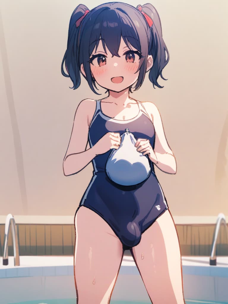  women's elementary students (with male), twin tails, cute smiles, rich s, short stature, dark blue swimwear, old swimwear, swimwear, simple, (swelling), upward, (bulge), front, whole body, pool side,