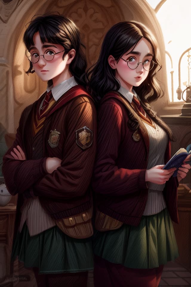  harry potter with his sister, black haired, glasses, hogwarts uniform, short , hq, hightly detailed, 4k